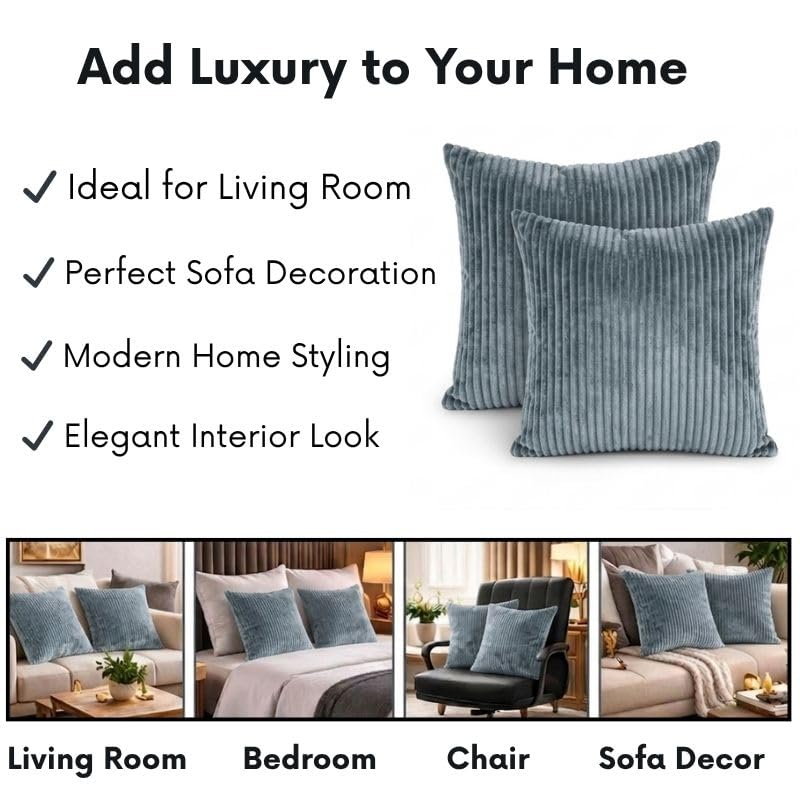 RD TREND® Cushion Cover Set of 2, Decorative Sofa Living Room Home Square Cushion Covers 24 Inch x 24 Inch, Aesthetic Corduroy Striped Double Sided (Grey)