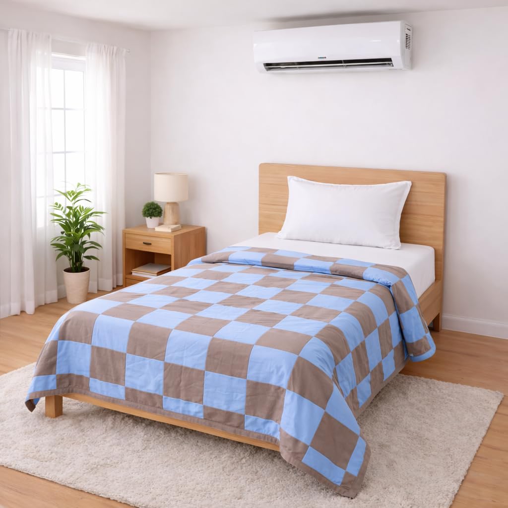 Bhoomi Impex Single Bed Dohar Earthy Blue Checkered | Lightweight Summer Quilt | Soft Microfiber AC Blanket | Breathable All Season Comforter | Skin Friendly Bed Cover Kafalo