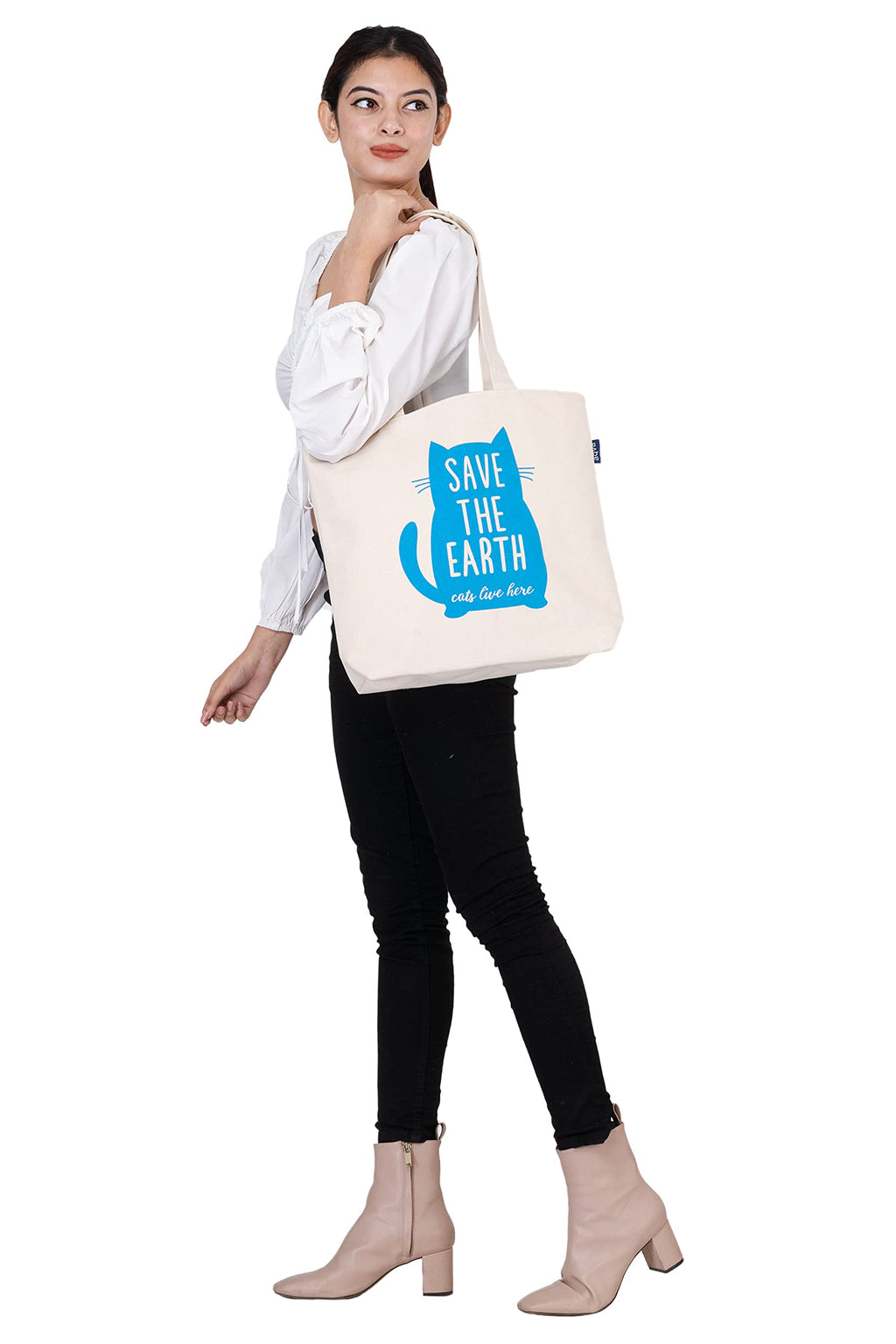 AQVA Printed Cotton Canvas Tote Bag For Women & Collage Girls | Trendy Stylish Multipurpose Handbag With Zipper | Shoulder Bag For Shopping, Beach, Travel, Work With Inside Pockets (Cat), White