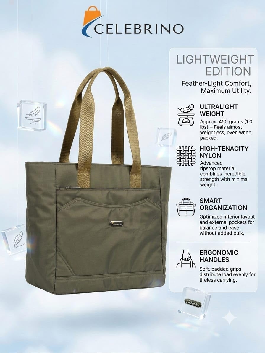 CELEBRINO Spacious Tote Handbag for Women | Nylon Hand Bags with Multiple Zip Compartments | Waterproof Large Shoulder Bag for Office, College, Travel & Shopping | Multi Pocket Zipper Handbags