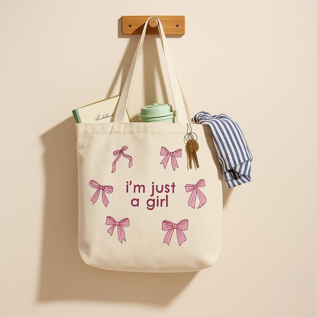 FUNKYFINDS “I’m Just a Girl” Cute Pink Bow Embroidery Tote Bag for Women – Aesthetic Canvas Shoulder Bag for Daily Use, Shopping, College & Travel, Office & Casual Outings
