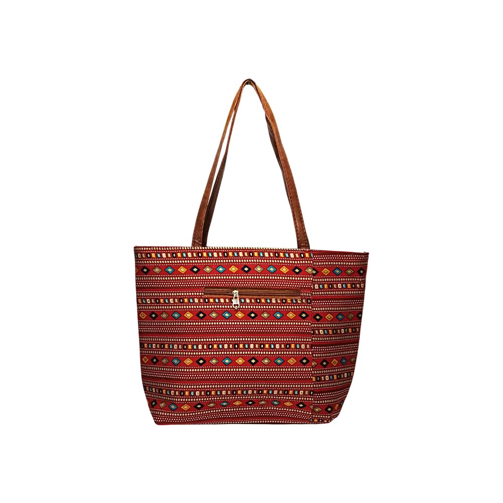 STYLE BA Women's Tote Bag With Leather Handles & Embroidery Printed Handbag With Zip Pockets, Shoulder Tote Bag And Handbag (Maroon)