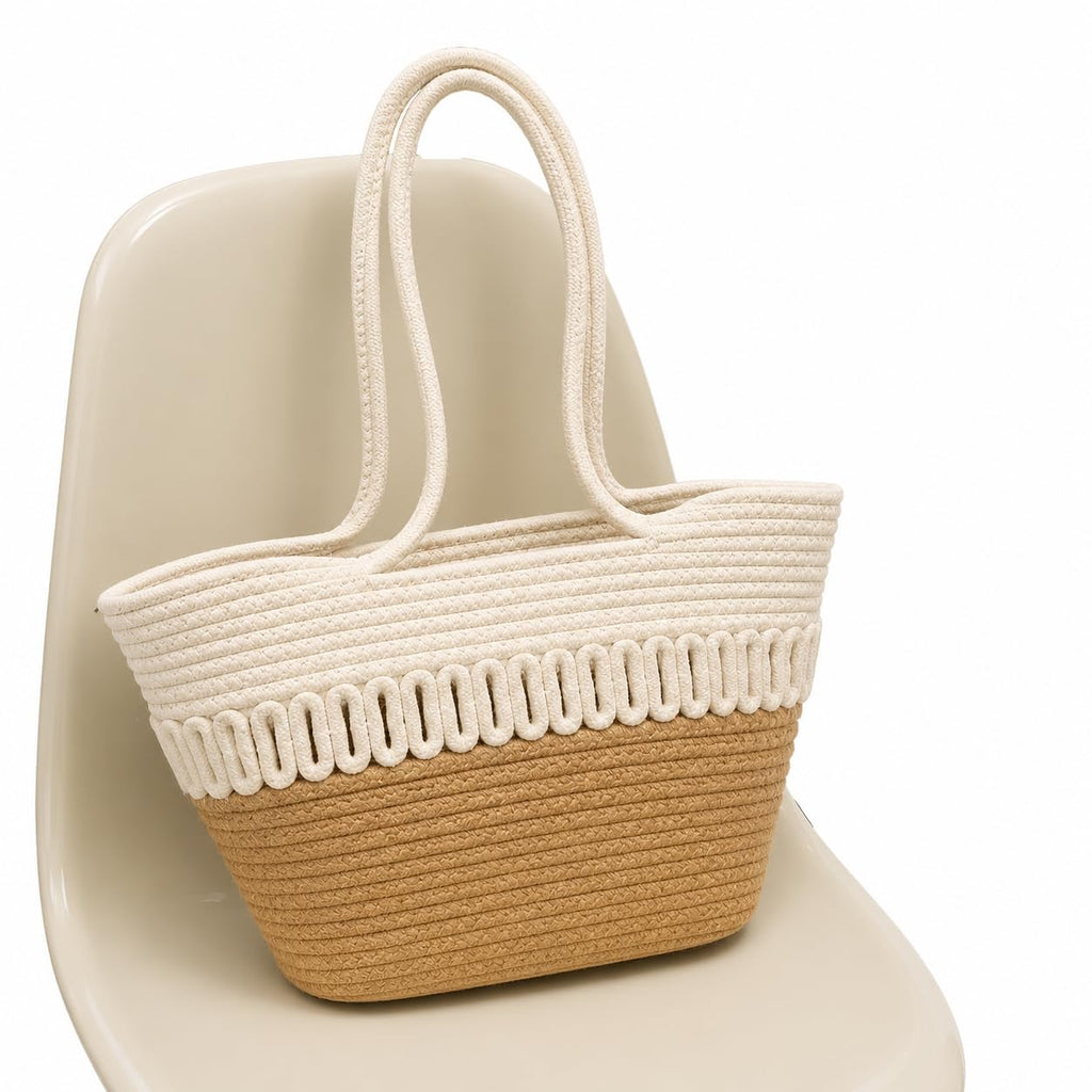 AIESY Cotton Rope Tote Bag for Women | Handmade Woven Shoulder Handbag | Lightweight Shopping Bag | Beach Bag | Daily Casual Travel Purse | Beige & White