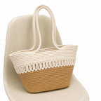 AIESY Cotton Rope Tote Bag for Women | Handmade Woven Shoulder Handbag | Lightweight Shopping Bag | Beach Bag | Daily Casual Travel Purse | Beige & White