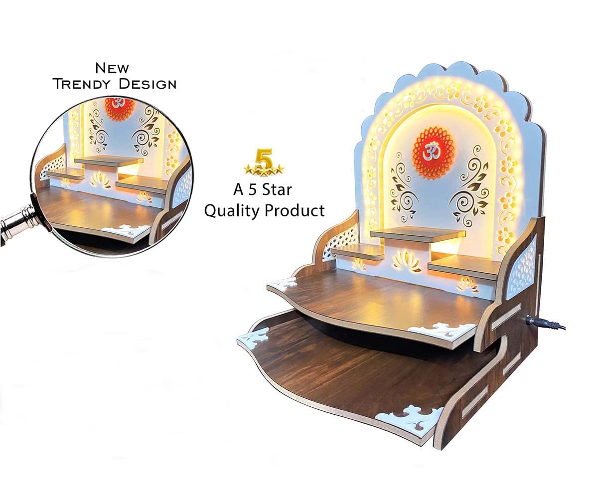 Acrylic Wooden Home Temple with Om Design, White and Brown, 26 x 29 x 36 cm, for Home and Office