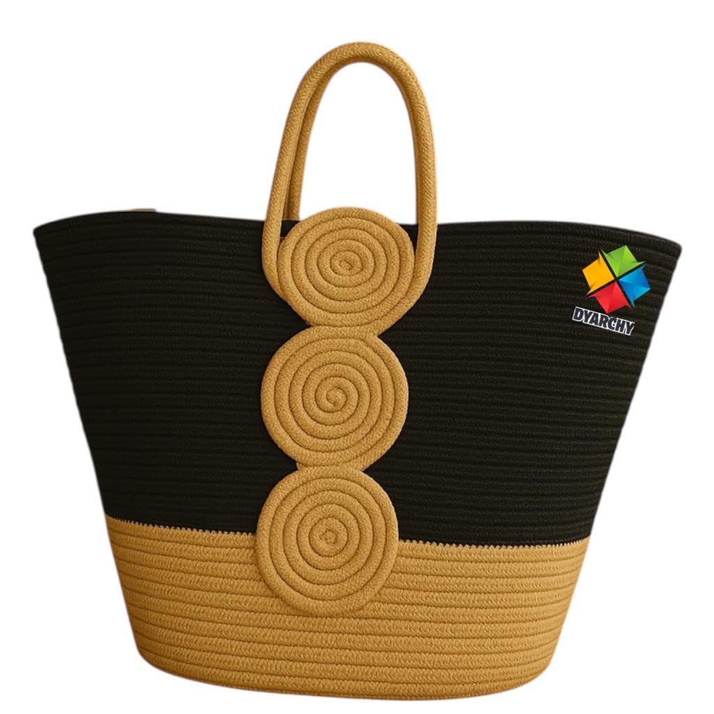 DYARCHY Women's Stylish Cotton Tote Handbag for Office, College, Travel, Vacations & Shopping (Beige-Black)