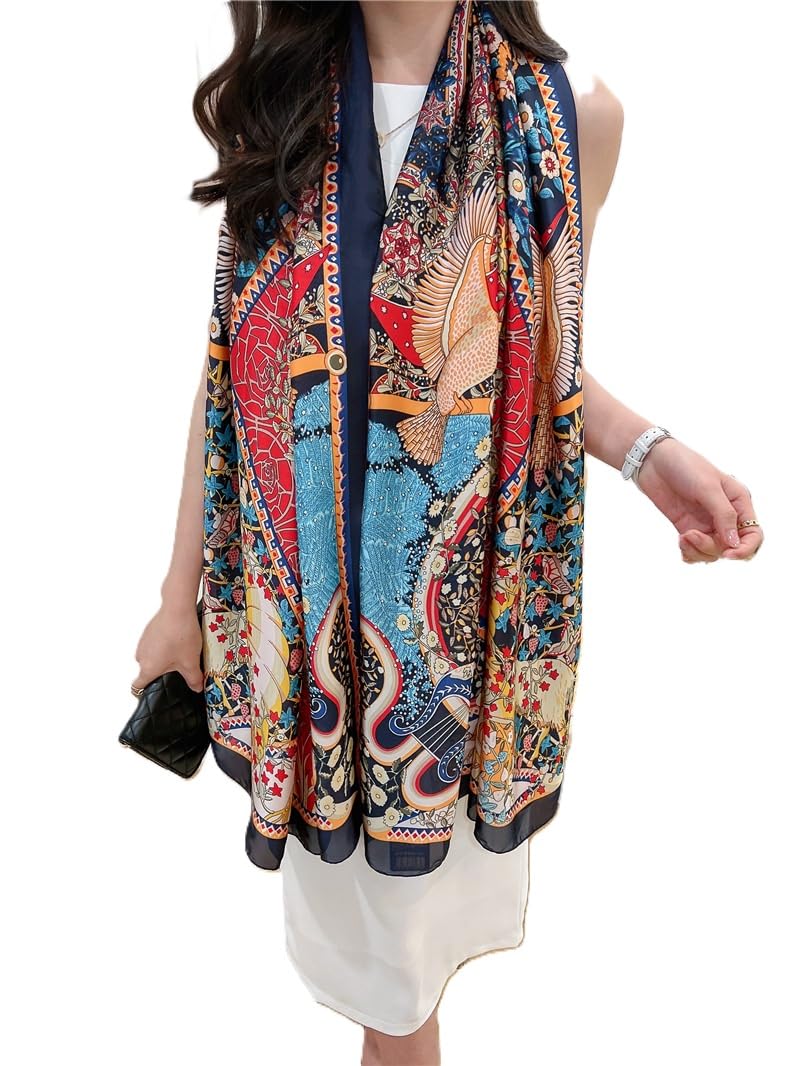 Alexvyan Satin Silk Summer Scarves 170 x 84 cm, Red Multicoloured Printed with Stitched Border, Lightweight Fashion Scarf for Women Sun Protection Stole