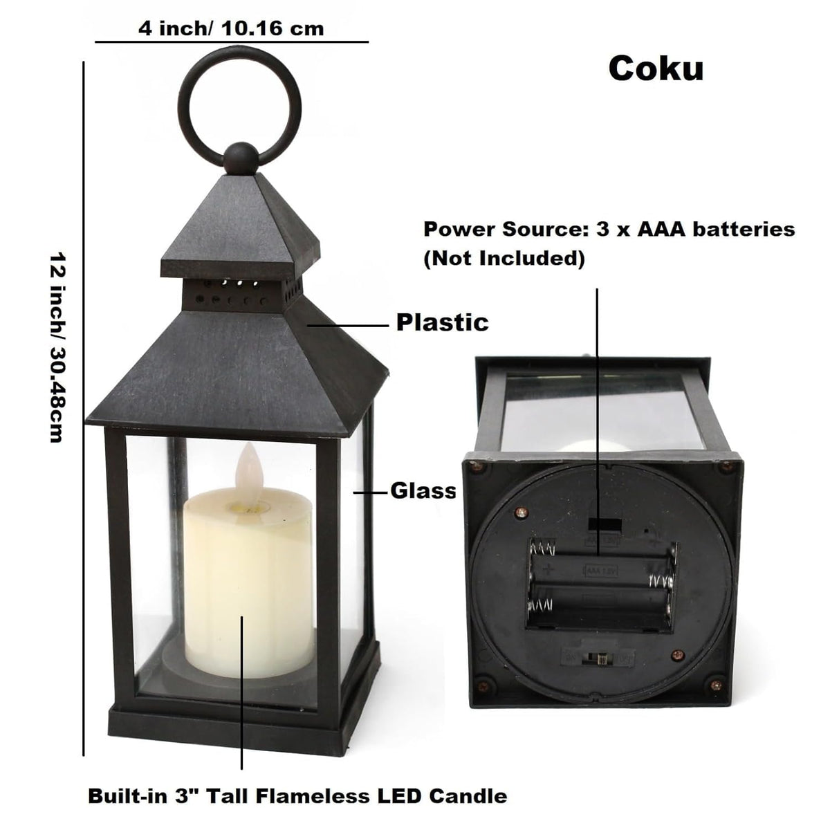 Vintage LED Lantern Light with Flickering Candle, Battery Operated Hanging Lamp, Antique Glass Lantern for Home Decor, Diwali Decoration Lights, Table & Wall Hanging Lamp Black vivinin (Set 1)