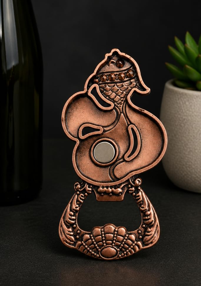 DECOR NEST Luxury Fish Bottle Opener with Refrigerator Magnet | Decorative Metal | Beer Opener with Crystal Stone Embellishments | Vintage Style Home Bar Accessory (RED Copper Fish)