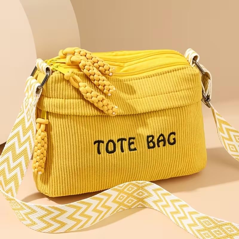 Street27 Women’s Premium Corduroy Tote Bag with Adjustable Wide Strap, Multi-Pocket Crossbody & Shoulder Handbag, Lightweight Everyday Carry with Secure Zipper Closure | (Yellow)