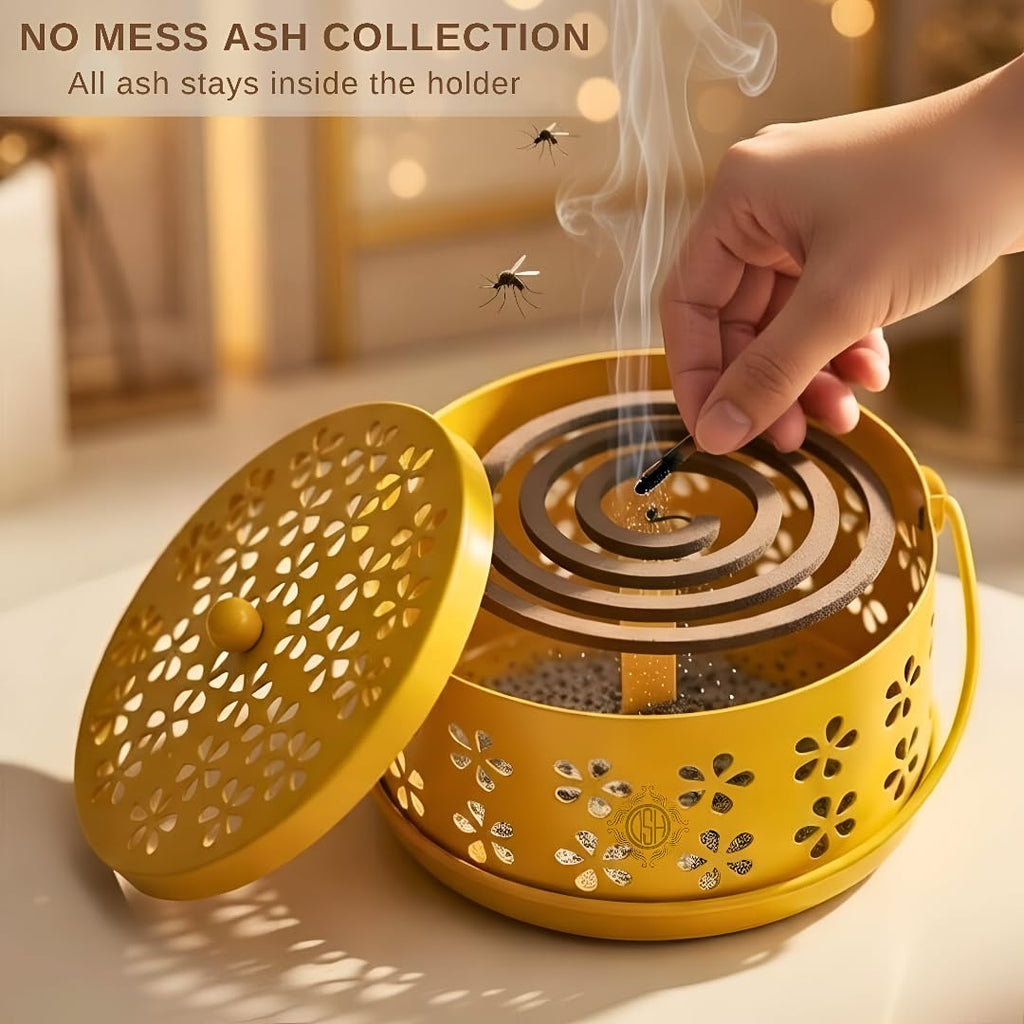 DSH Metal Mosquito Coil Holder with Lid & Handle Ash Catcher Stand for Mosquito Coil Indoor Outdoor Safe Use (Yellow)