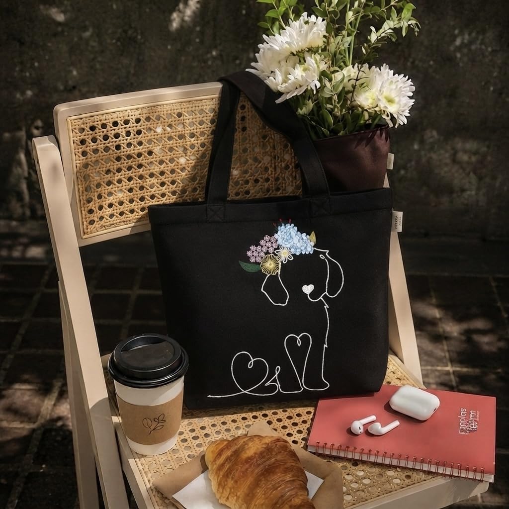 MASQ Premium ToteBag for Women with Zipper | Embroidered Foldable Shoulder Bag with Multiple Pockets | Spacious Handbag for College & Office | Eco-Friendly & Reusable (AP_TB_Tiaraa_Dog_01)