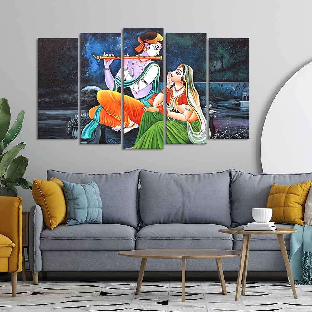 VIBECRAFTS Radha Krishna in Dark Forest Set of Five Pieces Wall Painting For Home|Office|Living Room|Gift (PTVC5Pcs2_6578)