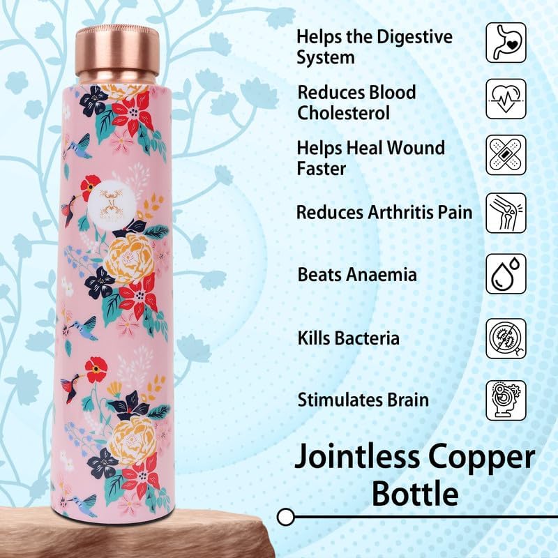 MERCAPE Pure Copper Water Bottle 900 ml with Floral Printed Design | Jointless Construction | Leak-Resistant Screw Cap | Reusable Copper Bottle for Home, Office, Gym, Travel & Daily Use