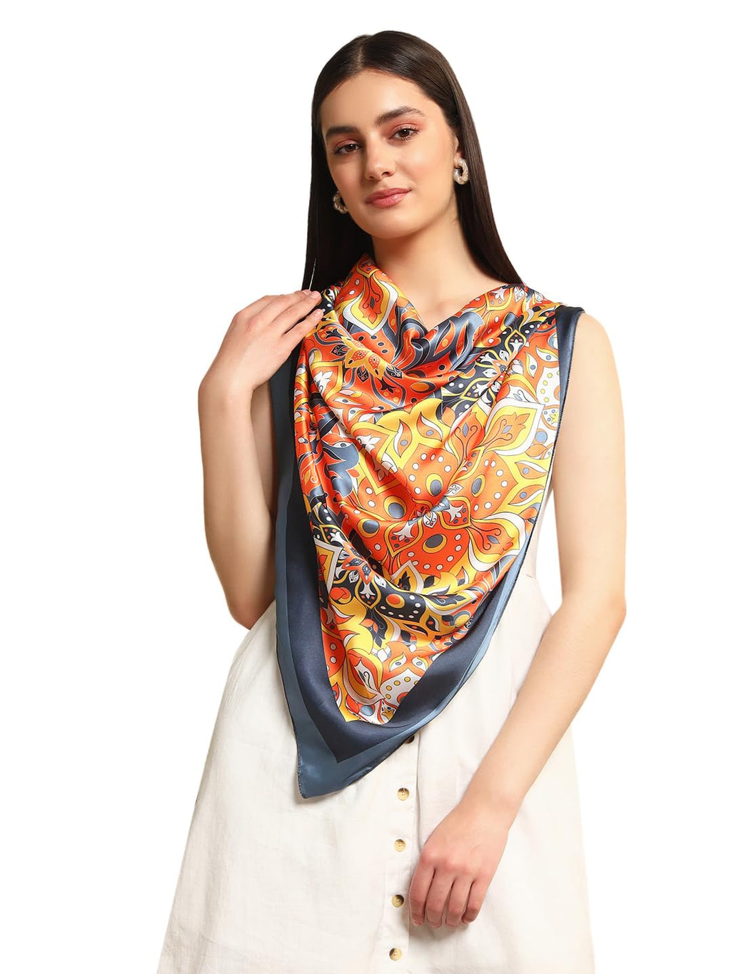Ravaiyaa - Attitude is everything Women's Crepe Silk Digital Print Large Square Scarf Breathable Lightweight Neckerchief Printed Headscarf 40 x 40 Inch (Gray & Orange Mandala)