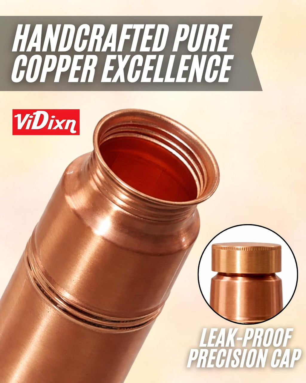 viDixn Pure Copper Water Bottle 950ml – Slim & Stylish Ayurvedic Tamra Jal Bottle, Leakproof Screw Cap, BPA Free, 100% Copper Drinking Bottle for Home, Office, Gym & Travel