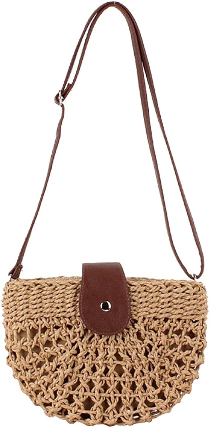 MAIRO LIFESTYLE Womens Straw Wicker Handmade Boho Summer Beach Small Crochet Bag (Moon With Strap Brown)