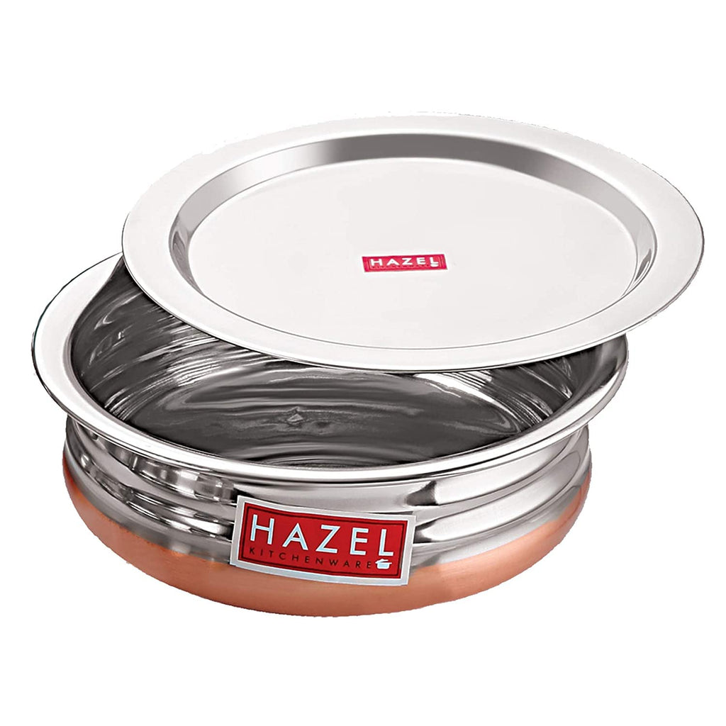 HAZEL Copper Bottom Uruli with Lid | Urli Vessel Cooking Stainless Steel | Serving Tope Handi | Kitchen Items for Home Cooking, 1700 ML