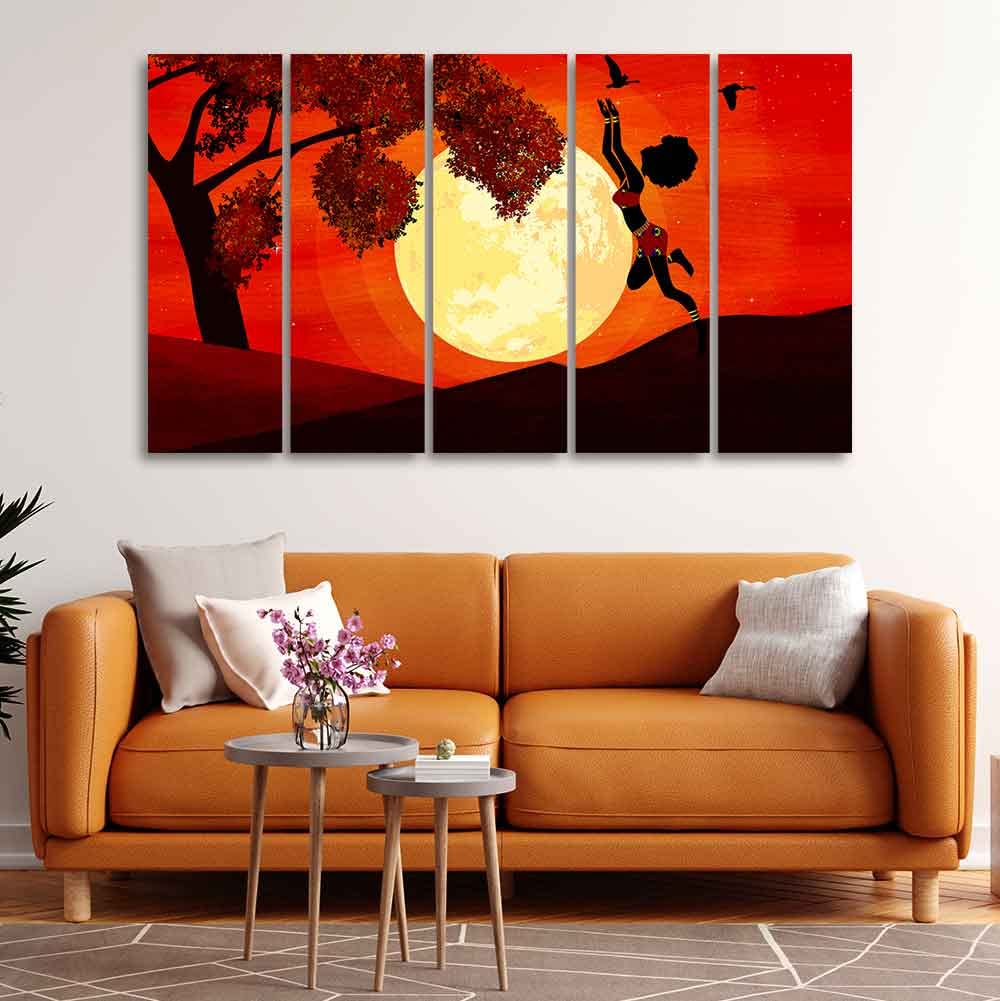 VIBECRAFTS Girl Catching Bird Premium Wall Painting Set of Five Pieces For Home|Office|Living Room|Gift (PTVC5Pcs4_8743)