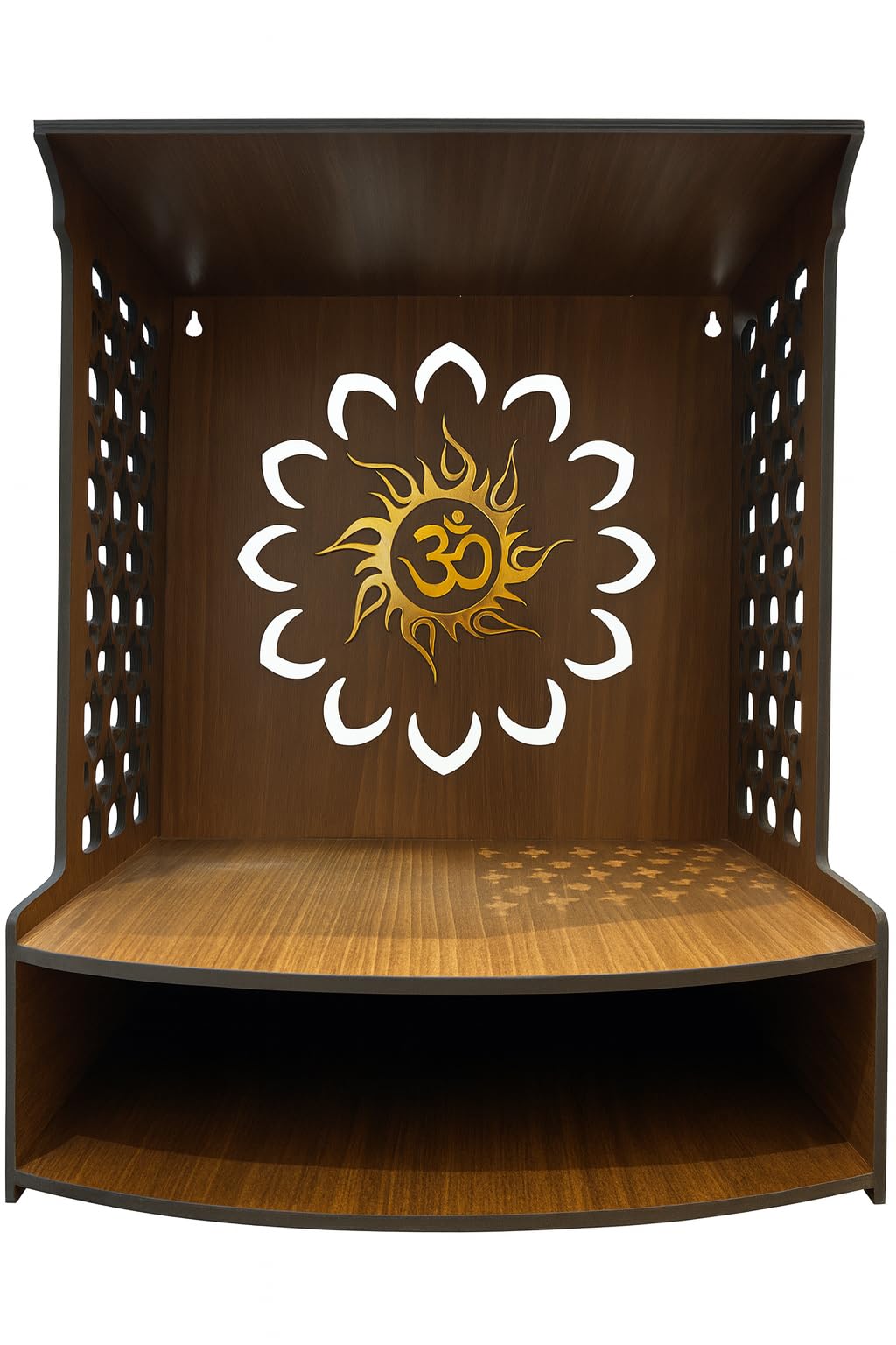 WIZZARTPRINTS Beautiful Wooden Pooja Stand for Home Mandir with LED Spot Light | Wall Mounted Temple for Home and Office | Compact Wooden Puja Mandir Desing 5