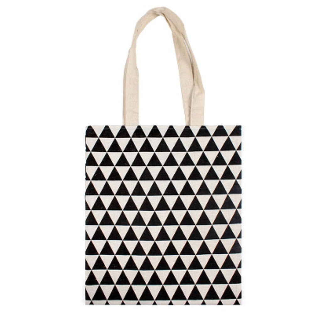 Chezi Women's Triangle Print Cotton Reusable Foldable Canvas Tote Shopping Bag (black white/zip)