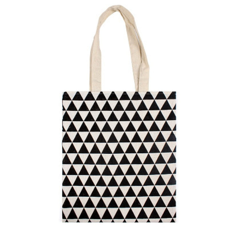 Chezi Women's Triangle Print Cotton Reusable Foldable Canvas Tote Shopping Bag (black white/zip)