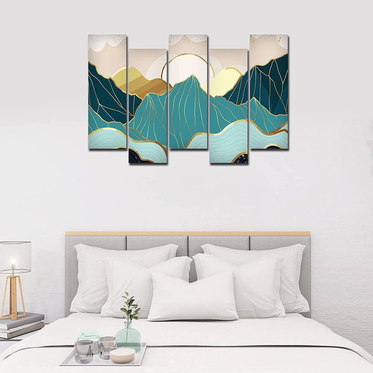 VIBECRAFTS Abstract Mountains with Sunrise Background 5 Pieces Canvas Wall Painting For Home|Office|Living Room|Gift (PTVC5Pcs3_7501)