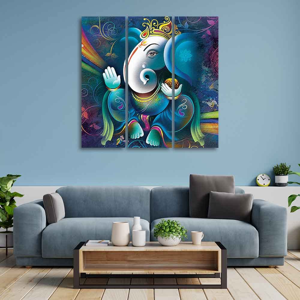 VIBECRAFTS 3 Pieces Shri Ganesha Canvas Wall Painting Fitted With Wooden Frame For Home | Office | Living Room | Gifts (PTVC3Pcs1_9513)