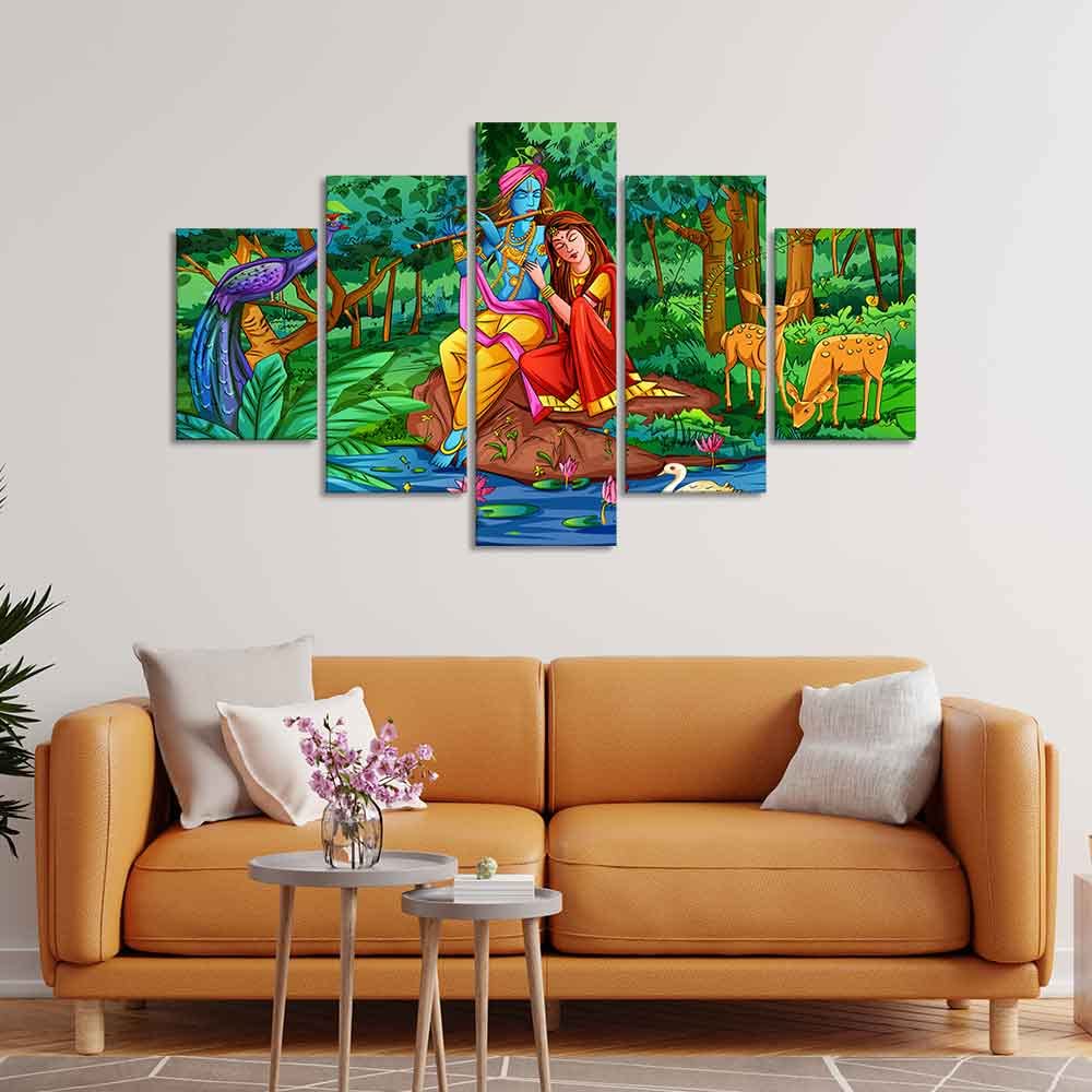 VIBECRAFTS Radha Krishna in Forest Wall Painting Set of Five For Home|Office|Living Room|Gift (PTVC5Pcs1_5535)