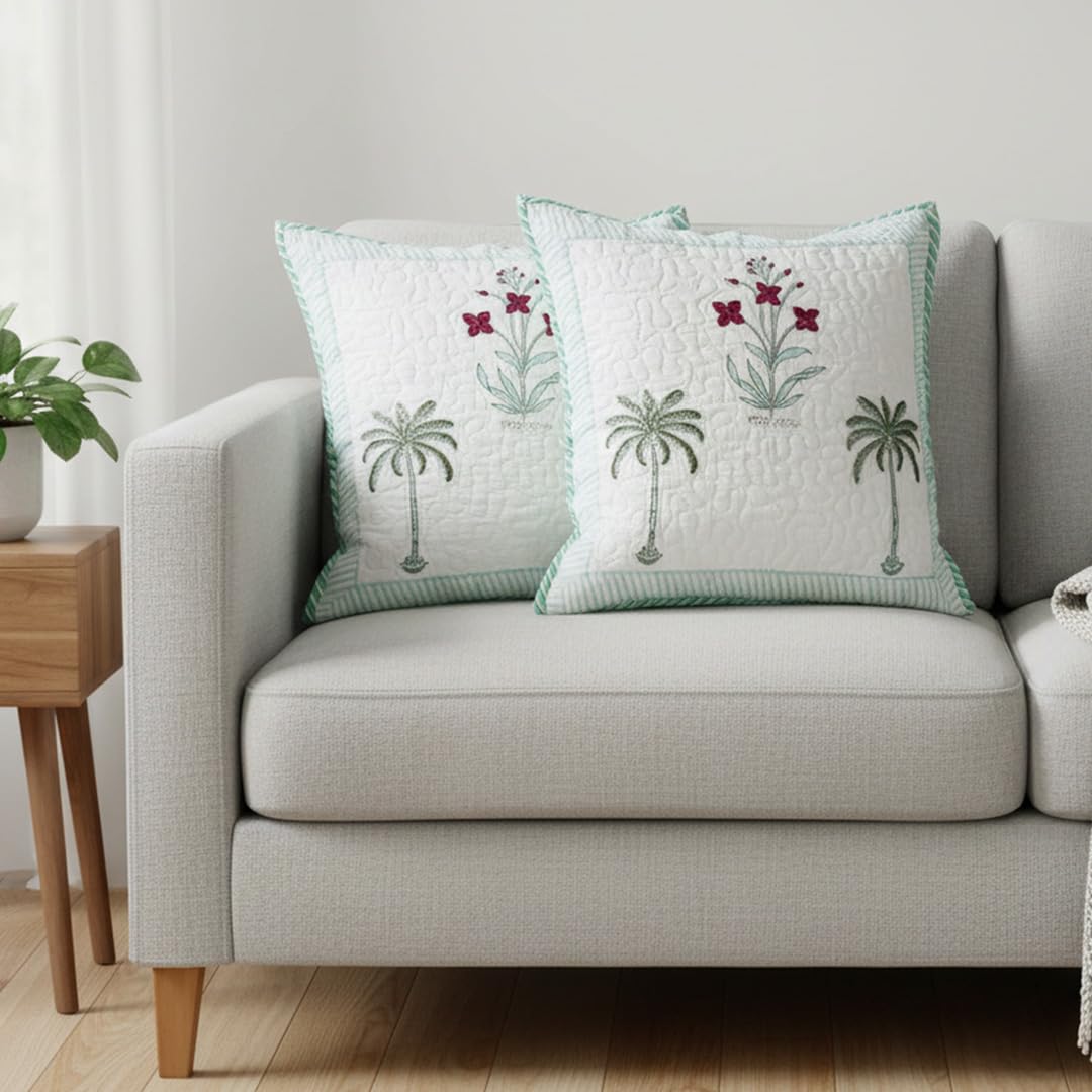 HOMEMONDE Pack Of 2 Floral Hand Block Print Soft Throw Cushion Cover - Green 16 X 16 Inches Quilted Cotton Sofa Pillow Case For Home Decor, 300 TC