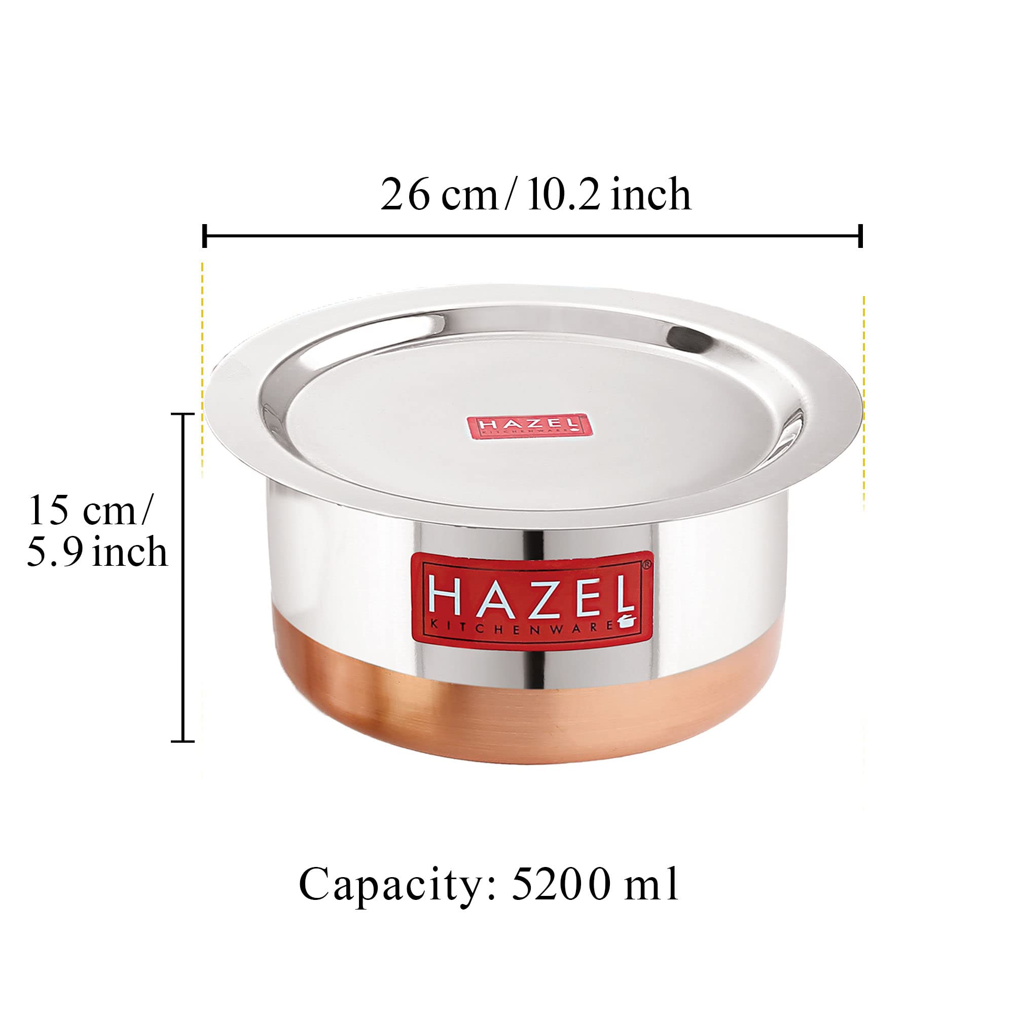 HAZEL Steel Copper Bottom Tope With Lid | Cooking Vessels and Utensils | Stainless Steel Patila, Capacity 5200 ml