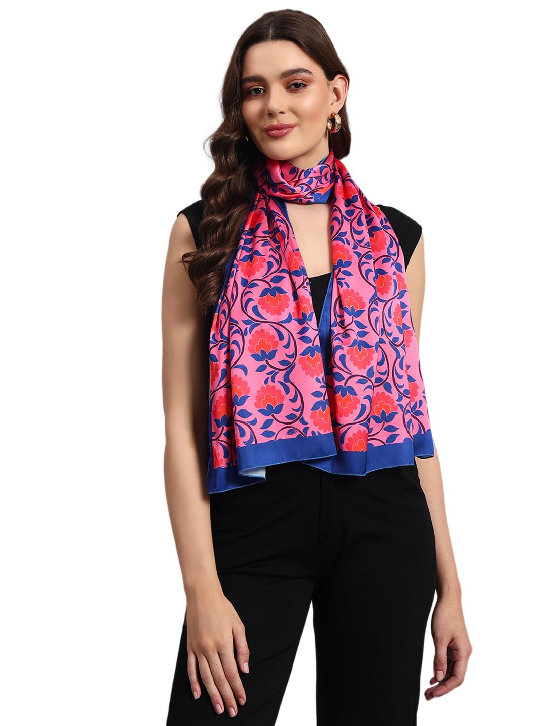 Ravaiyaa - Attitude is everything Women Lightweight Printed 100% Satin Silk Scarf Stoles Breathable Neckerchief Head Beach Wrap Scarves (Pink Blue Floral, 70 x 20 Inch)