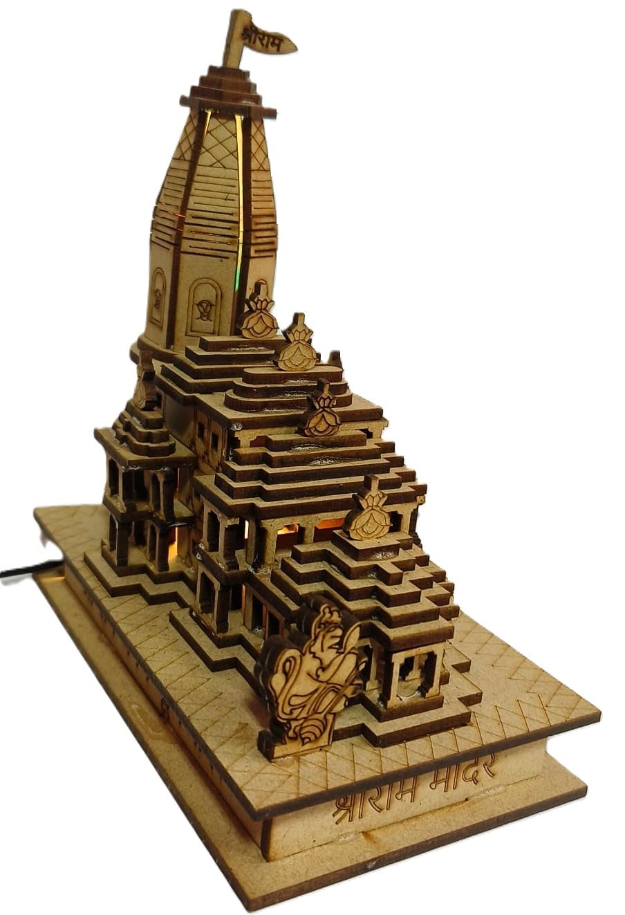 TEM Ram Mandir Ayodhya Illuminated Model – 3D Wooden MDF Craft with Power Adapter, Intricate Architecture and Sturdy Gift Box Perfect for Home Temple, Decor, and Spiritual Gifting.
