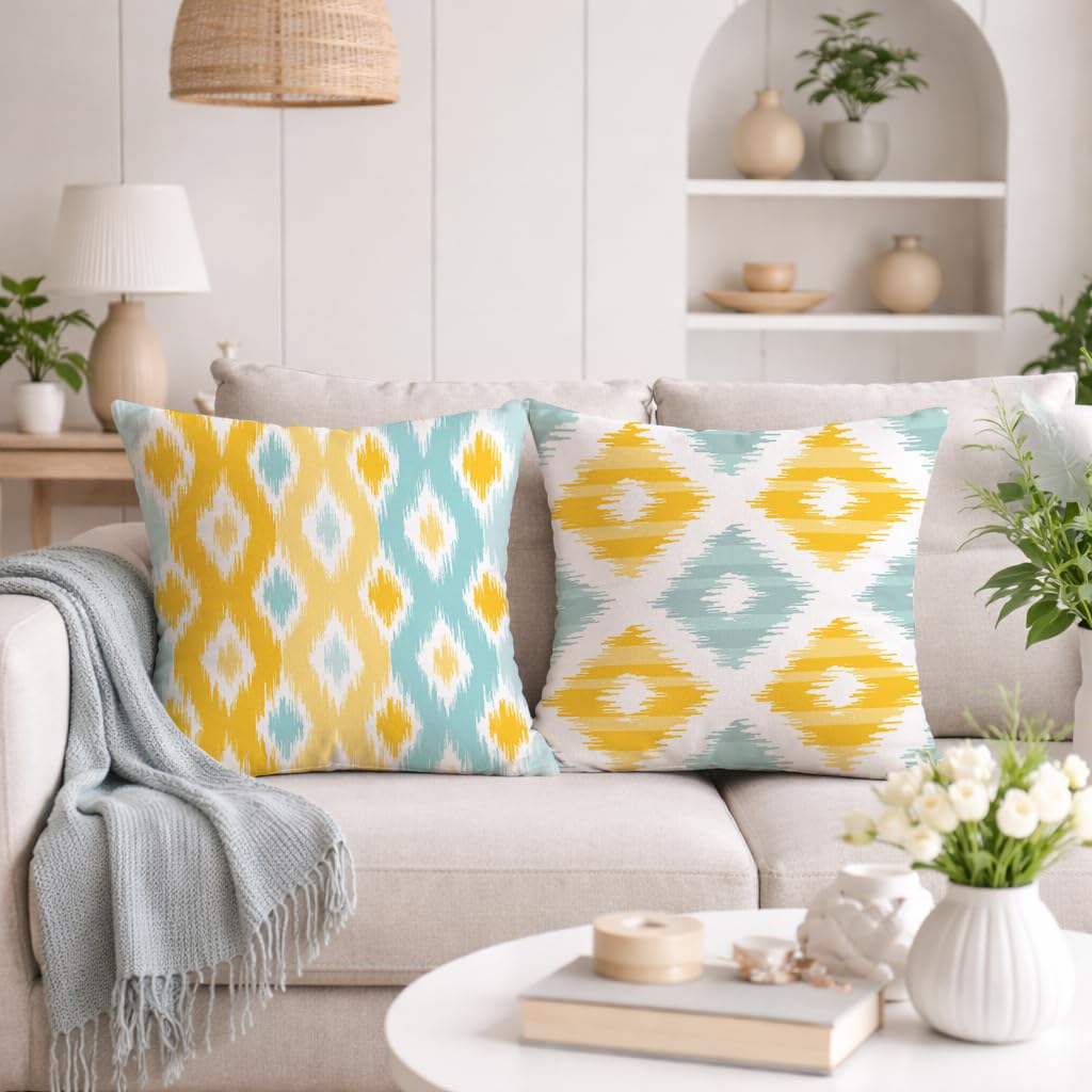 STITCHNEST Set of 2 Polycotton Cushion Covers – 24x24 Inches – Yellow & Aqua Ikat-Inspired Geometric Print – Vibrant Cushion Covers for Sofa, Couch & Living Room | Perfect for Home Decor