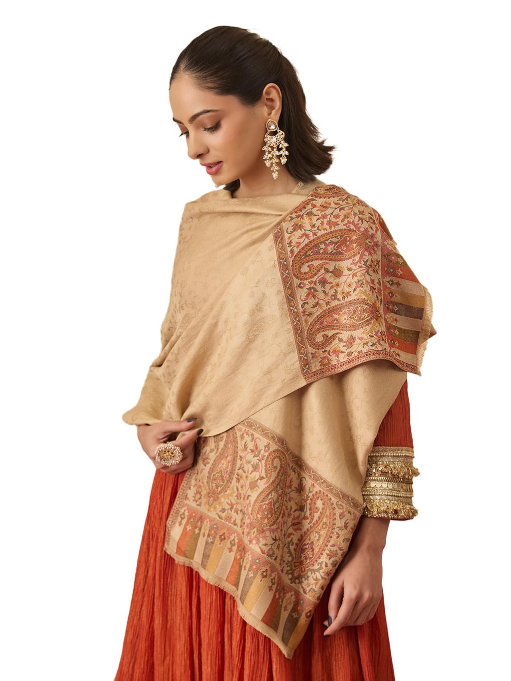 Pashmoda Women Gulpari Kaani Stole, Authentic Kashmiri Luxury Pashmina Style Shawl, Stole, (Size 28x80 Inches, Beige Color) MAVST06