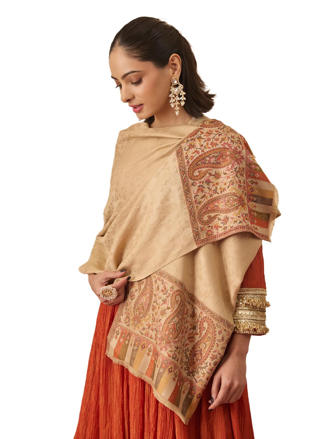 Pashmoda Women Gulpari Kaani Stole, Authentic Kashmiri Luxury Pashmina Style Shawl, Stole, (Size 28x80 Inches, Beige Color) MAVST06