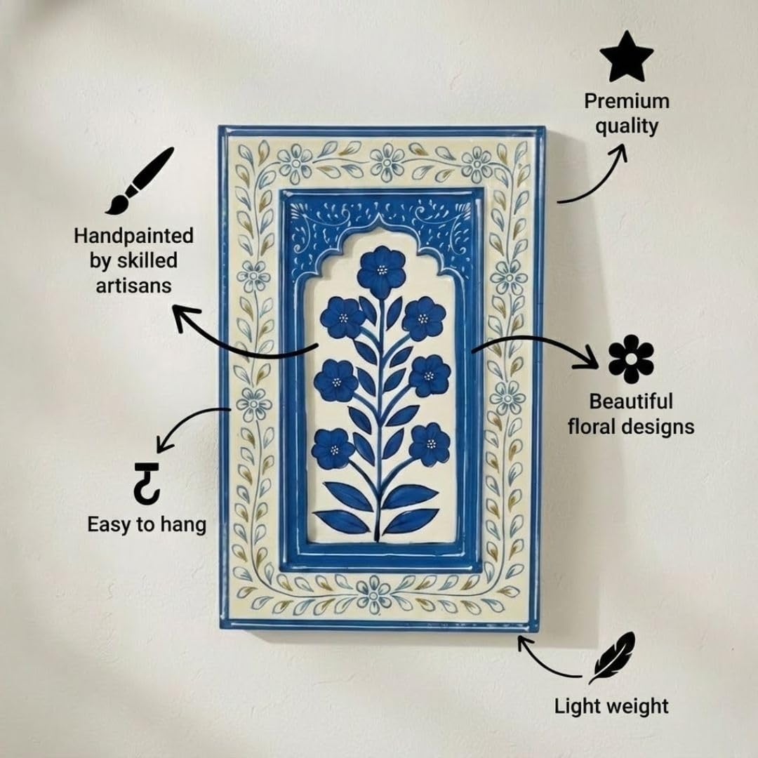 ATRANGI STUDIO Coastal Blue Wooden Wall Frame | Handpainted Jharokha Style Floral Wall Hanging | Rajasthani Traditional Art | Framed Wall Painting for Living room, Bedroom, Office | 12×8 Inch