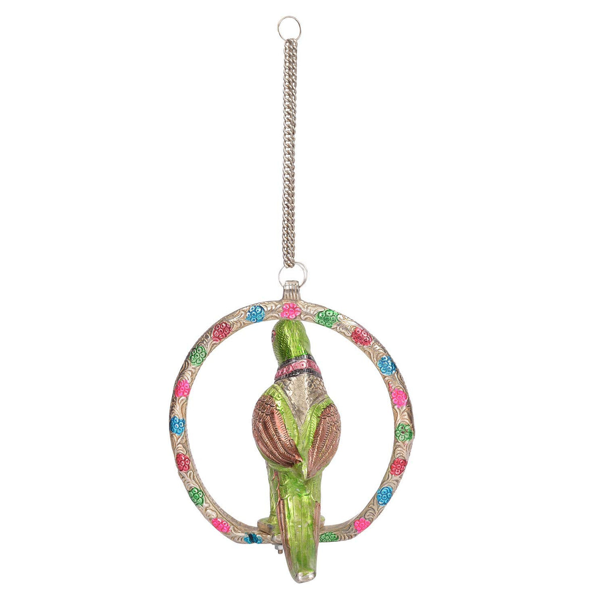 KridayKraft Prince Home Decor & Gifts Hanging Parrot Showpiece – White Metal Decorative Bird with Green Accents & Chain for Home Décor, Balcony (24 x 7.5 x 21 cm, 910 g, 50 cm, Silver)