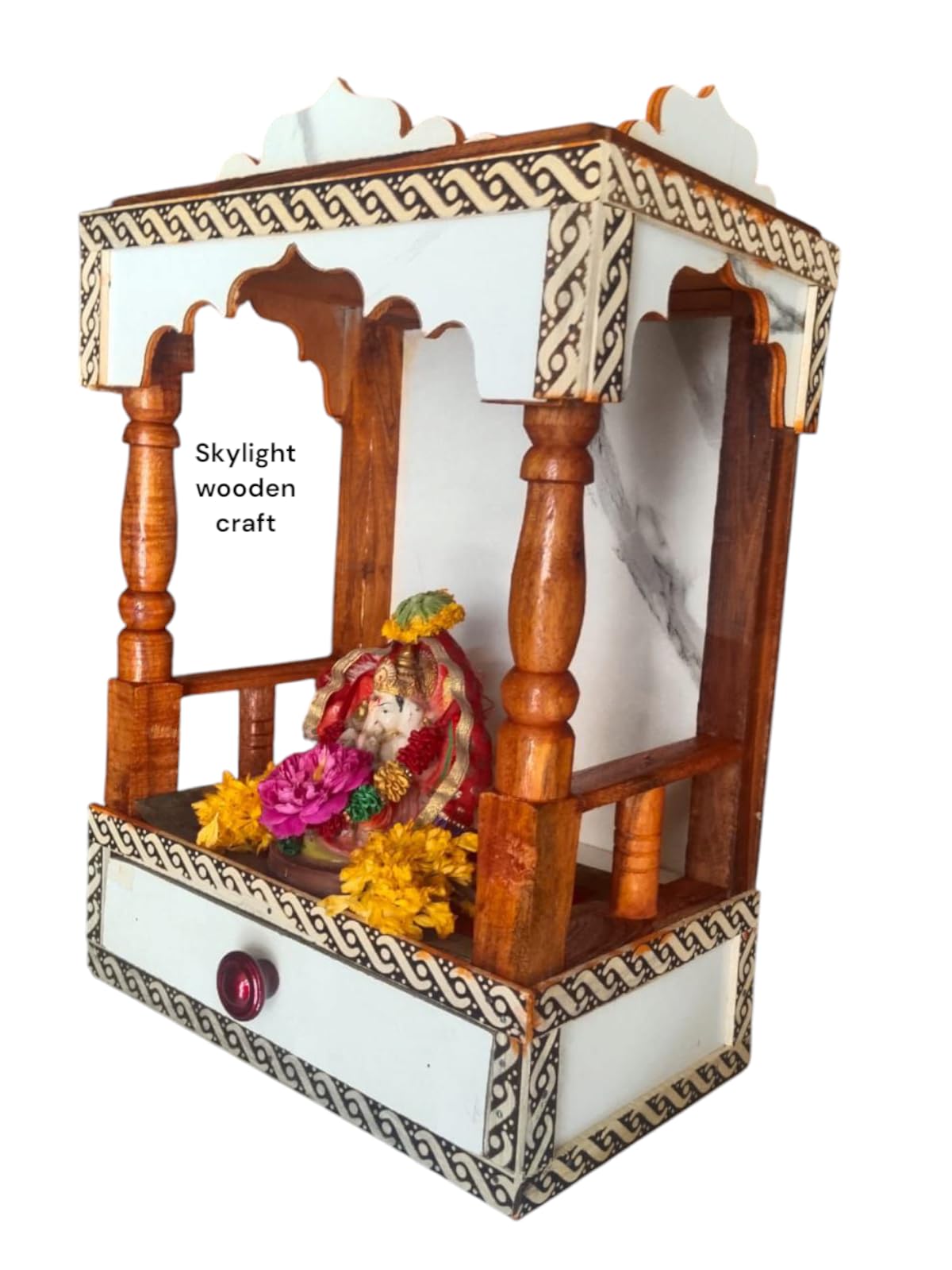 Wooden Craft Handcrafted Home Mandir with Marble-Finish Back Panel - Traditional Teak & White Puja Temple for Wall or Tabletop (Size 40x30x20cm)