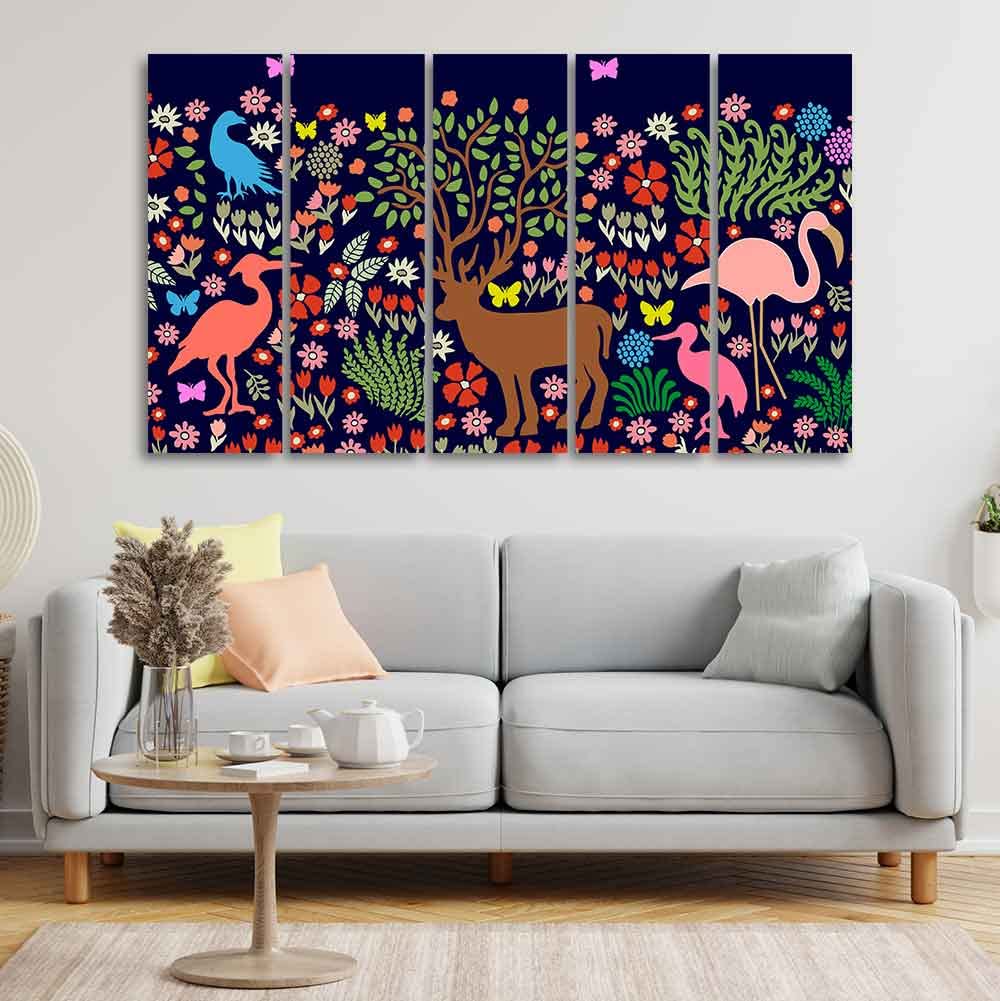 VIBECRAFTS Premium Canvas Folk Art Painting of Animals in Dark Forest Set of Five For Home|Office|Living Room|Gift (PTVC5Pcs4_8639)