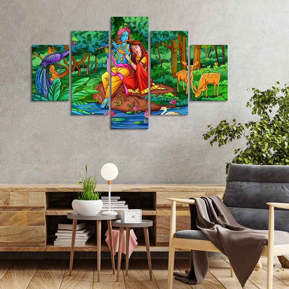 VIBECRAFTS Radha Krishna in Forest Wall Painting Set of Five For Home|Office|Living Room|Gift (PTVC5Pcs1_5535)