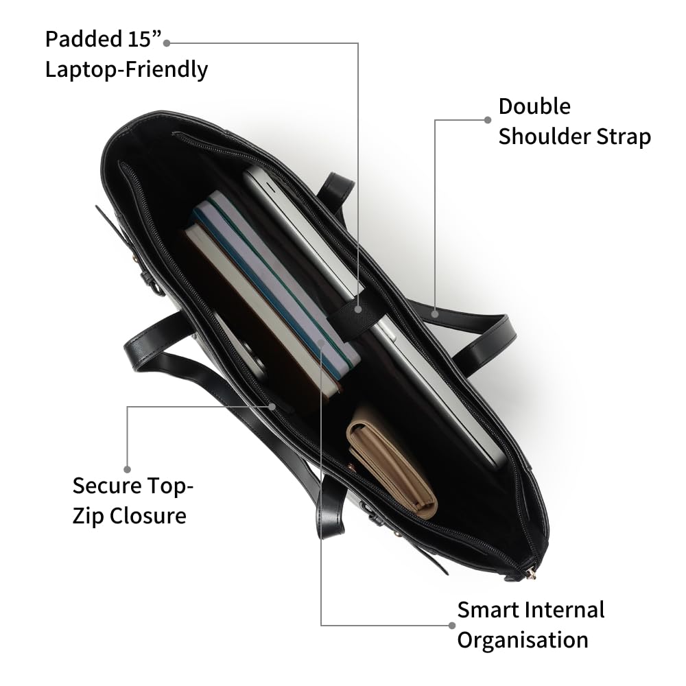 Fastrack Black Powermode Laptop Tote For Women | Black Faux Leather Bag | Fits Upto 15 Laptop | Ladies Tote Bag with Zipper Closure & Utility Pockets