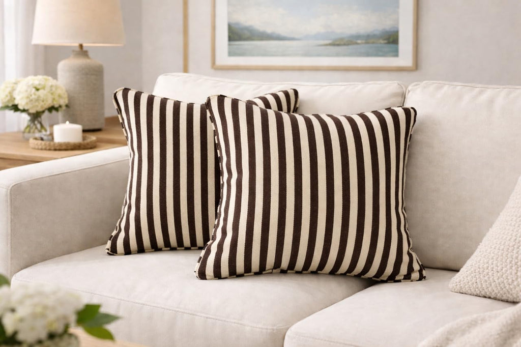 AWARD VELVETS - 100% Cotton - Dark Brown Stripes Cushion Covers Set of 2 (16 x 16 inches) - Cushion Covers for Sofa & Living Room Décor