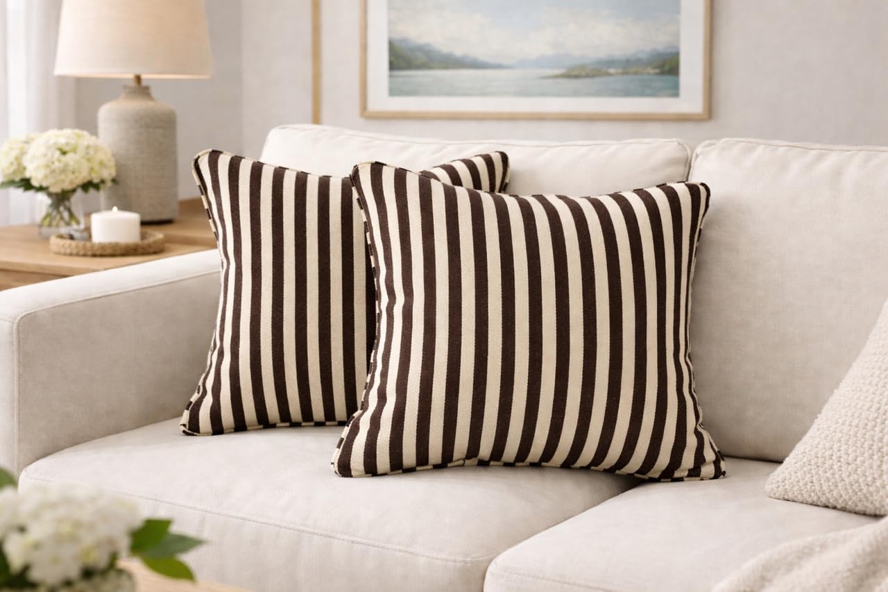 AWARD VELVETS - 100% Cotton - Dark Brown Stripes Cushion Covers Set of 2 (16 x 16 inches) - Cushion Covers for Sofa & Living Room Décor