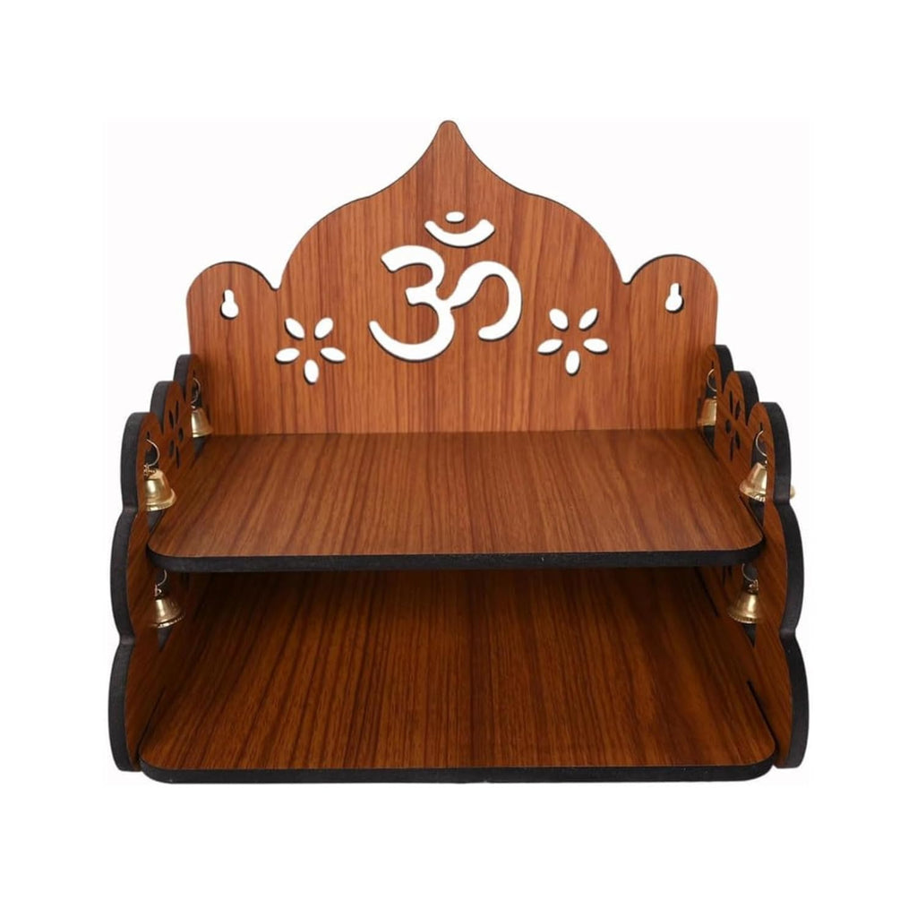 FLYUP Wooden Mandir for Home Pooja | Wall & Tabletop Temple with Om Floral Cutout | Solid Wood Finish Home Temple with Storage Shelf (Om Floral)