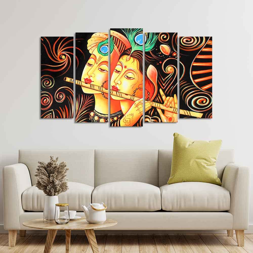 VIBECRAFTS Radha Krishna with Flute Set of Five Pieces Wall Painting For Home|Office|Living Room|Gift (PTVC5Pcs2_6577)