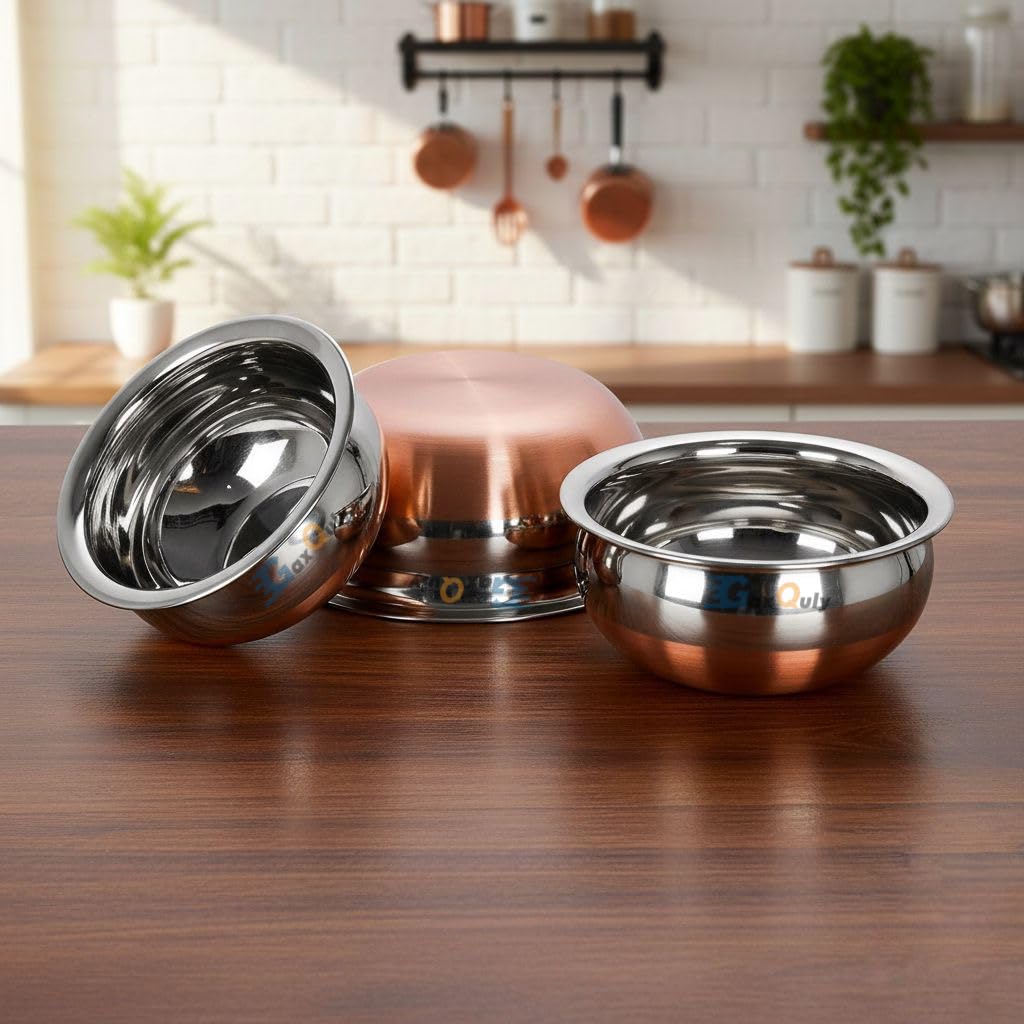 GaxQuly Stainless Steel Copper Bottom Urli Handi Set Kitchen Serving, Cooking Bowl Cookware Set | Milk Pan Tea & Coffee Punjabi Biryani Pot tapeli patila 500ml/750ml/1000ml (Handi 3pcs)