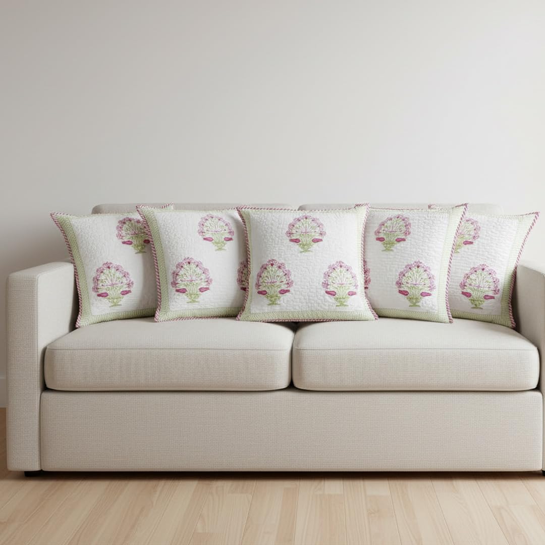 HOMEMONDE Set of 5 Cushion Covers 24x24 Inches – Soft Floral Hand Block Print, Premium Cotton 300 TC Pillow Cases for Living Room & Kids Room – Pink (60x60 cm)