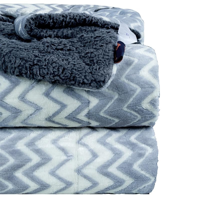 BSB HOME® Premium Micromink Winter/Mild Winter AC Blanket Sherpa Super Soft/Warm Flannel Jacquard Plush/Printed, Silver & Grey, Size 150X225 Cms (Approx 4.7 x 7 ft) (Single), Skin Friendly Kafalo