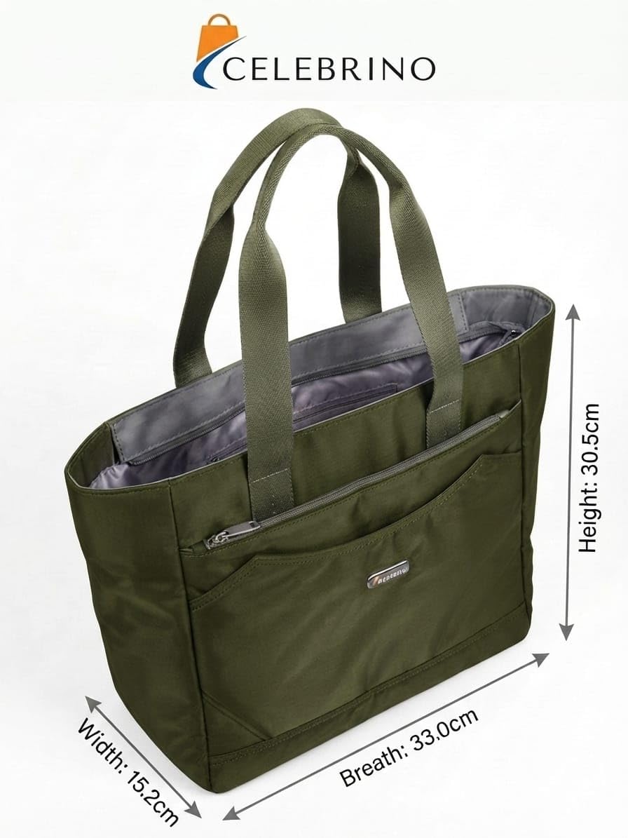 CELEBRINO Spacious Tote Handbag for Women | Nylon Hand Bags with Multiple Zip Compartments | Waterproof Large Shoulder Bag for Office, College, Travel & Shopping | Multi Pocket Zipper Handbags